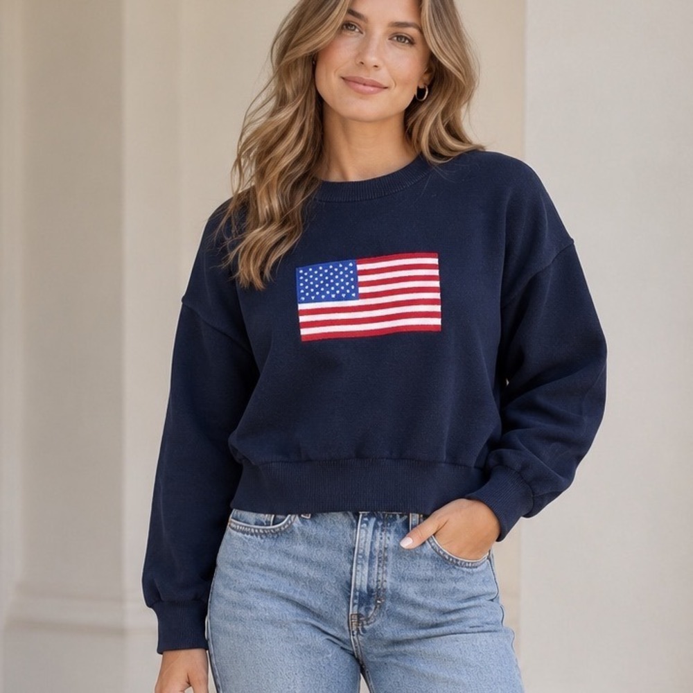 American Flag Cropped Pullover Sweater XL Preppy Heritage Collegiate Navy Blue